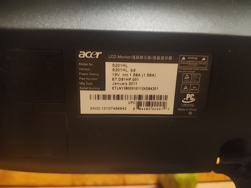 Acer S201HL Bbd LED LCD Monitor - Zdjęcie 2 z 4