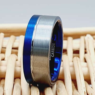 Engraved Pipe Cut Promise Ring for Him Blue Tungsten Carbide Ring Wedding Rings