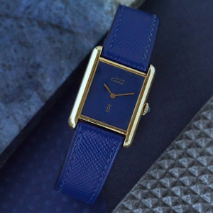 Authentic Cartier Must de Cartier Tank Vermeil Gold-Plated Blue Dial Manual Wind 1970s