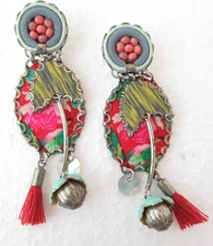Ayala Bar Designer Pomegranate Punch Beaded Tapestry Dangle Earrings 2 5/8"