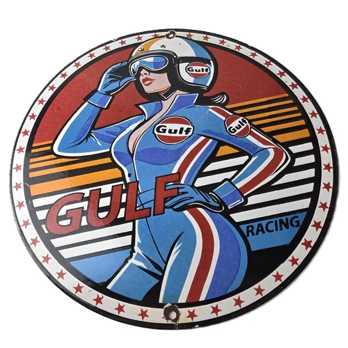 Vintage Gulf Gasoline Sign - Racing Automobile Porcelain Gas Pump Sign