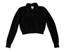 Moda International Thick Fuzzy Angora Crop Collared Sweater Women's Size L Black