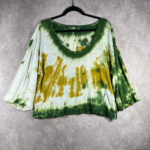 We The Free Fresh Start Top Womens Small Green Tie Dye Linen Blend Cropped Boho