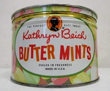 VINTAGE KATHRYN BEICH BUTTER MINTS CANDY TIN CAN W/ LID EMPTY