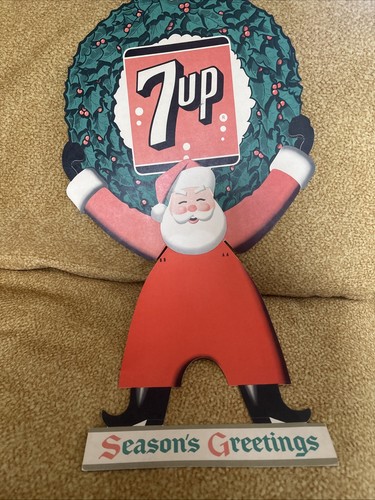 1955 Litho 22”x13” 7 Up Cardboard Santa Sign Season’s Greetings Vtg LOT OF 3
