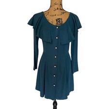 VTG 90s Rampage Teal Long Sleeve Button Front Tie Short Mini Dress Women's 7 