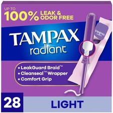 Tampax Radiant Tampons Light Absorbency with BPA-Free Plastic 28 Count, Blue