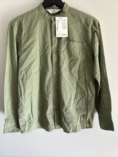 H&M Jungen Leinenmischung olivgrün Button Down Hemd Gr. 10-11 Neu mit Etikett - Bild 2 von 11