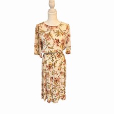 H&M Floral Midi Dress Cream Pink Green Boho Cottagecore Elastic Waist US 6