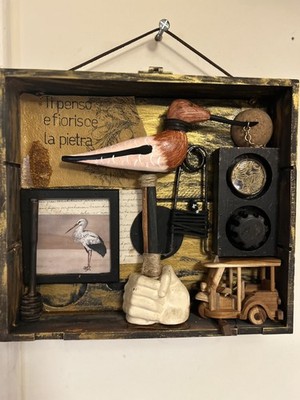 Assemblage Kunst Handarbeit Einzelstück 35cm 31cm Vintage Objekte Eiche Abstrakt 
