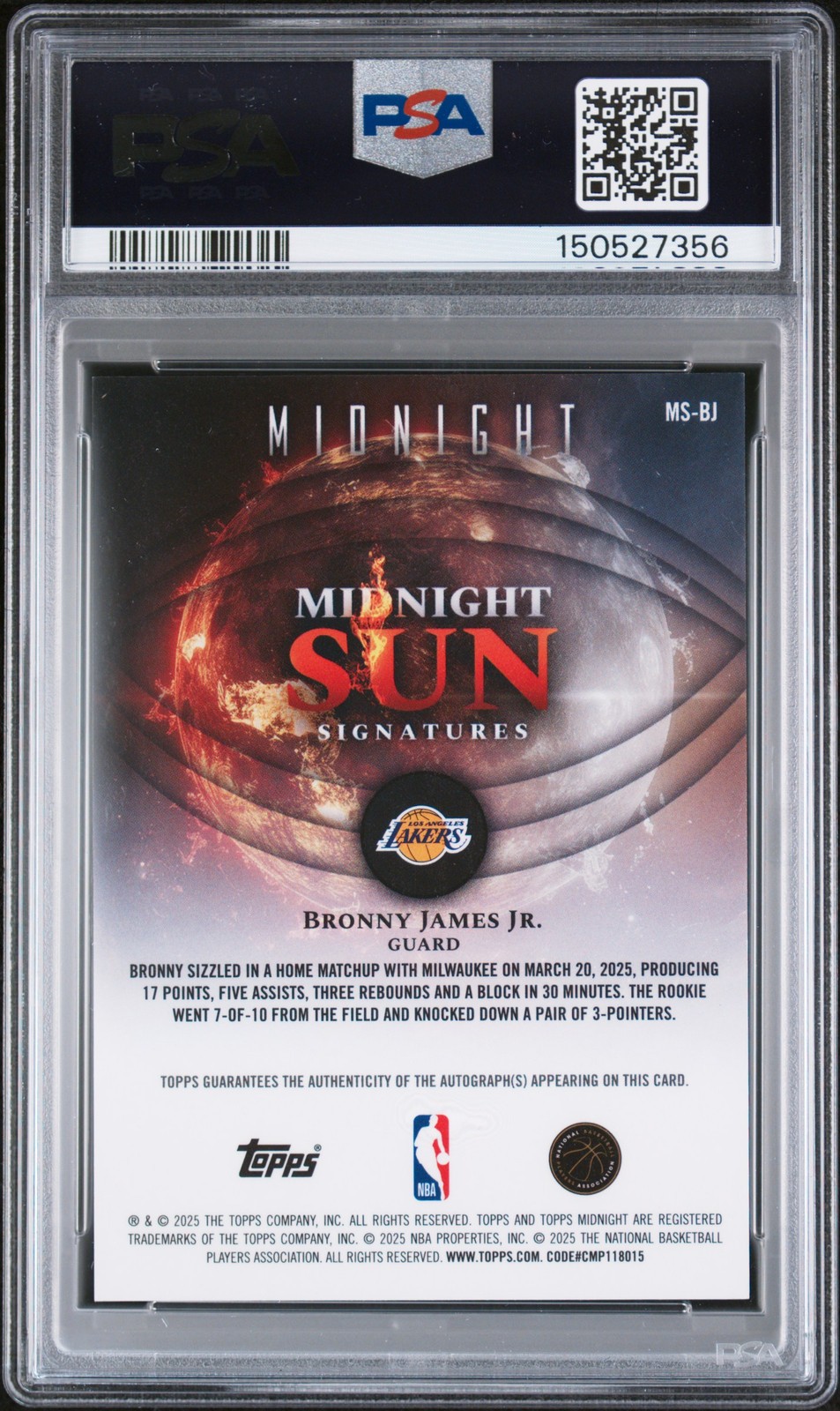 2025 TOPPS MIDNIGHT MIDNIGHT SUN SIGNATURES BRONNY JAMES 6/12 PSA 9 AUTO 10 view 2
