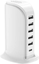 Upoy Charging Station Multi USB Tower Hub, 5 USB + 1 Type-C Fast Charger