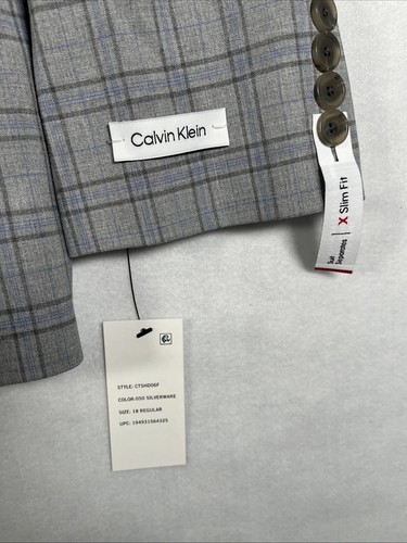 Calvin Klein Boys Size 18 Stretch Deco Plaid Jacket Slim Gray Blue msrp $125 - Picture 5 of 7