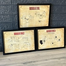 Resident Evil Framed Map Prints Set of 3 - RE1, RE2, RE3 - A4 Vintage Style Art