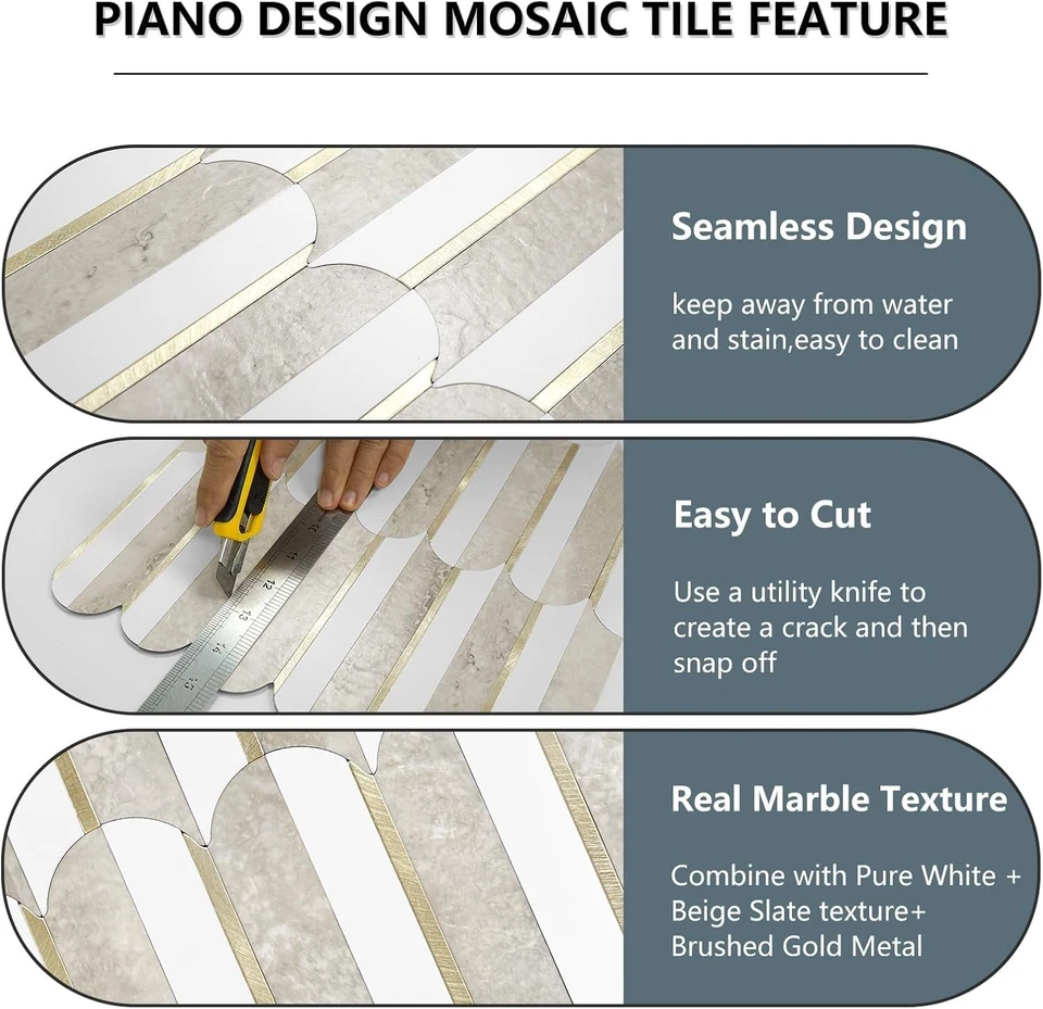 Peel and Stick Mosaic Tile Waterproof Kitchen Bathroom Backsplash White Beige... - Image 4 of 4