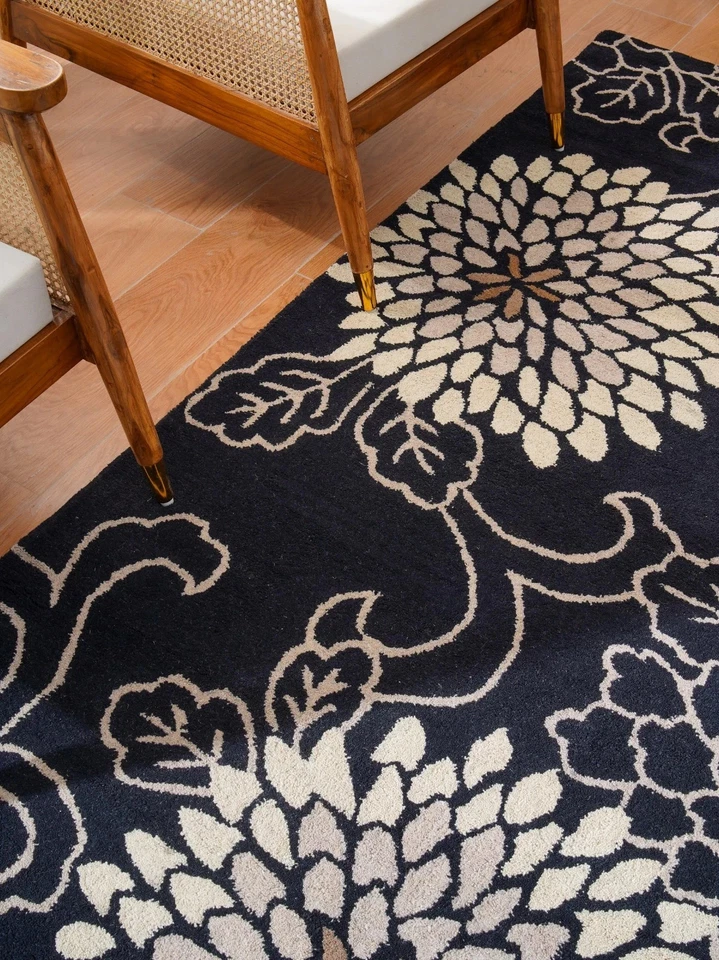 Hand-Tufted Wool Rug Black Floral Modern Design For Living Room Carpet Rug Sale - Image 3 of 4