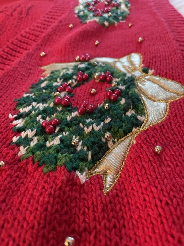 VTG '93- MARISA CHRISTINA Christmas Sweater Vest- 2X- Beaded Red - Wreath - Picture 8 of 12