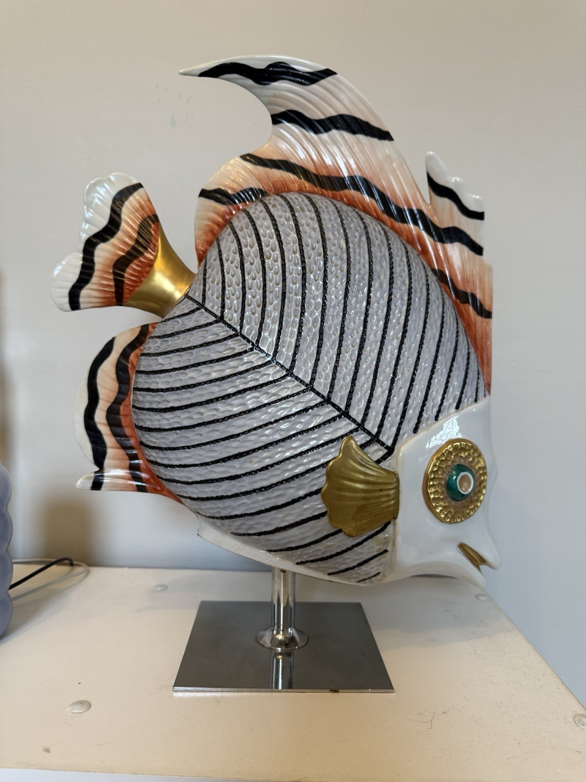 1980s Oggetti Mangani Nautical Fish Porcelain Sculpture Large 17" on Stand