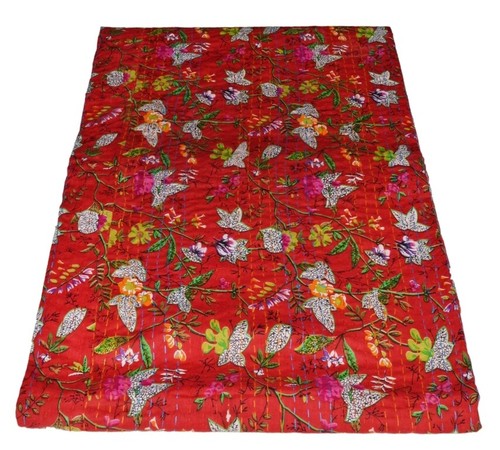 Indian Handmade Red Floral Print Kantha Quilt Bedspread Vintage Cotton Throw - 第 4/4 張圖片