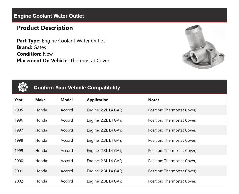 Cubierta termostato salida agua refrigerante motor Honda Accord 1995-2002 puertas Foto 2 de 4