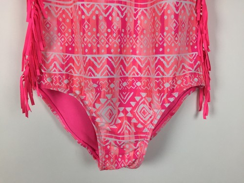 Justice Swimsuit Girl's Size 12 One Piece Pink White Aztec Print Side Fringe - Picture 3 of 8