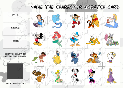 20x carte graffi Disney Indovina il personaggio A5 raccolta fondi per fare soldi Raffle - Foto 1 di 1