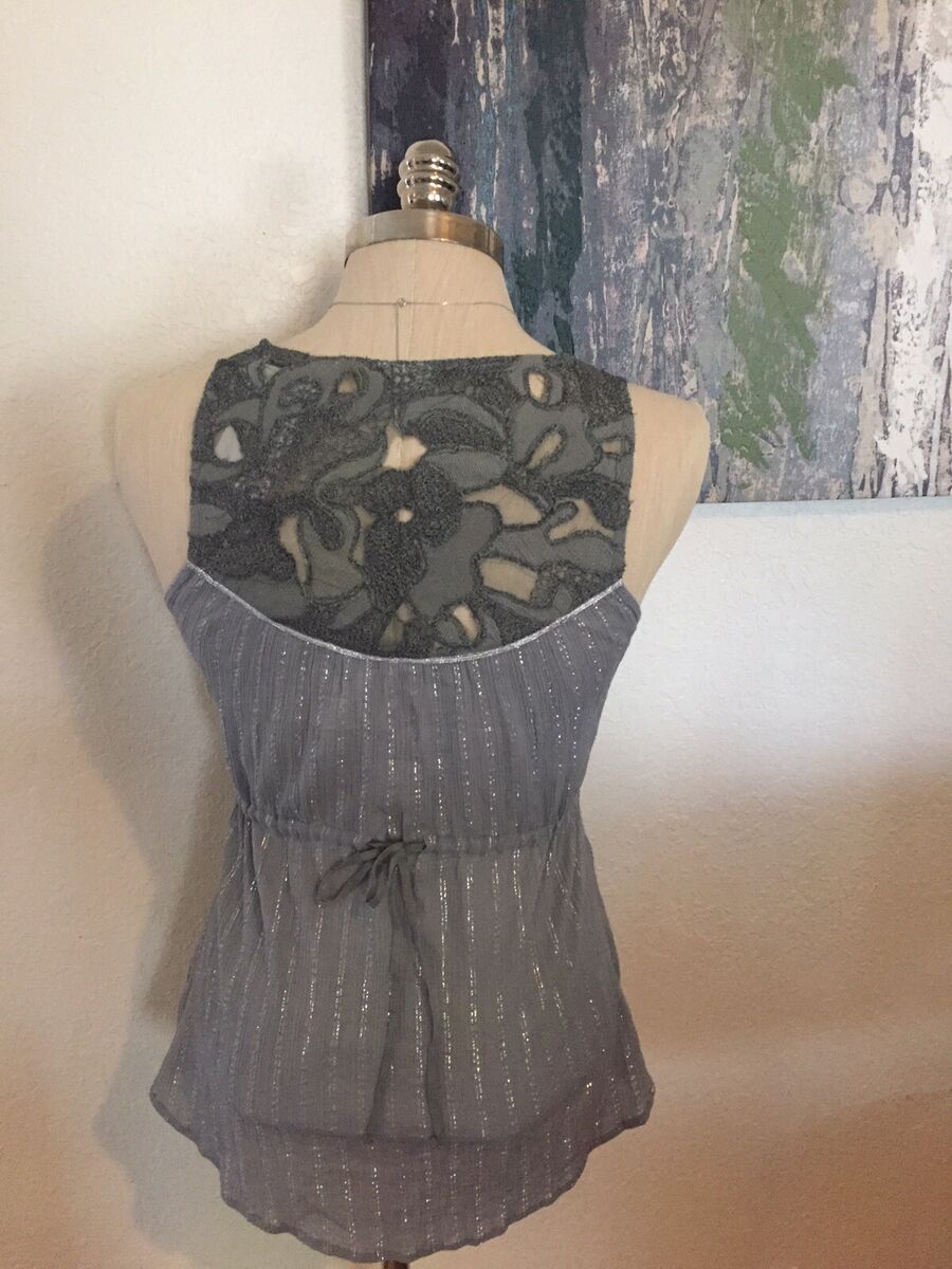 NWT FREE PEOPLE Grey/Silver Striped Lace Tank Top Women's SIZE