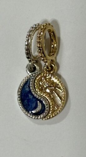 Pandora Two-Tone Splittable Sun & Moon Yin Yang Dangle Charms 14K Gold Blue - Afbeelding 1 van 12