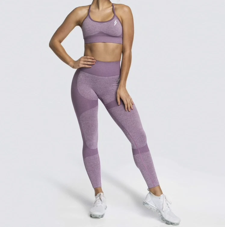 NEW 2 Piece Set Yoga Purple Seamless Leggings Sports Bra Top Workout Gym  Outfit