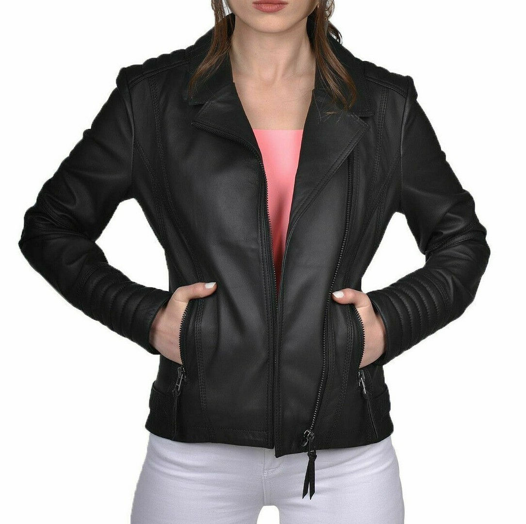 Women's Elegant Black Leather Jacket Genuine Lambskin Hide Biker Motorcycle Coat