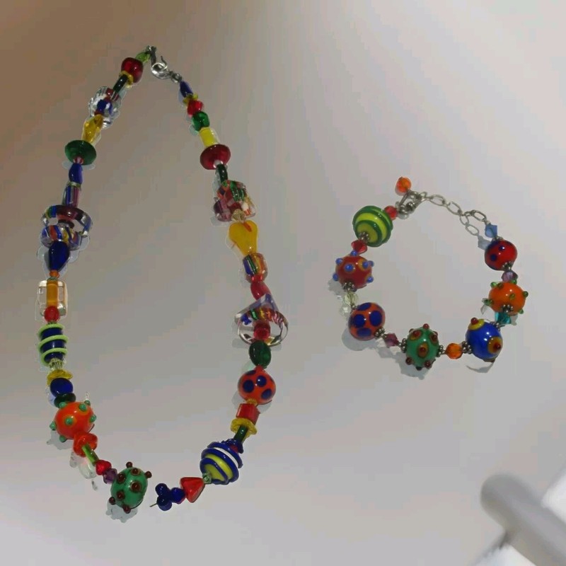 Murano Artisan Lampwork Furnace Glass Beads 9" Necklace & Bracelet 925 Boho