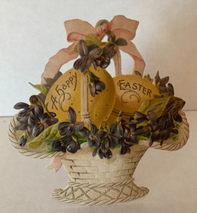 EASTER eggs in basket, violet flowers, greeting card, stand up circa 1900