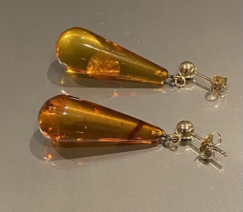 Beautiful 14kyg Tapered Amber Drop Earrings 2.61gr - Picture 6 of 9