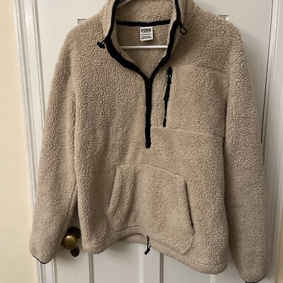 Victoria's Secret PINK Tan Half Zip Sherpa Pullover Oversized Sweatshirt Sz XS