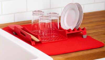 Set of Kitchen Microfiber Drying Mat Plastic Dish Drying Rack, RED  COLOR