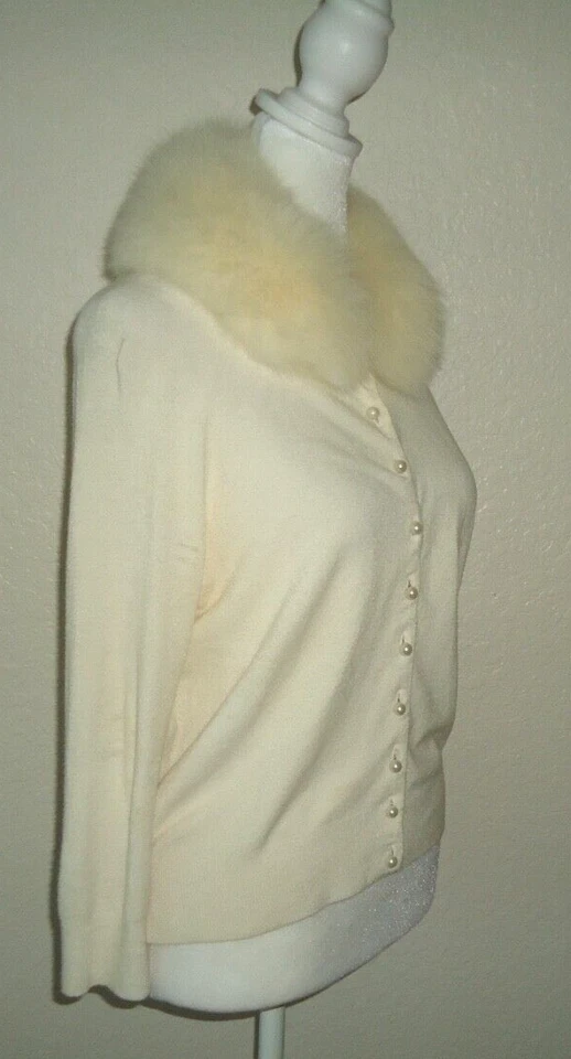 Cárdigan para mujer CYNTHIA STEFFE marfil madre perla botones piel de zorro natural talla L Foto 3 de 4