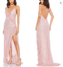 MAC DUGGAL 43317 RUFFLE BEADED STRAPPY BACK ICE PINK THIGH SLIT GOWN DRESS sz 2