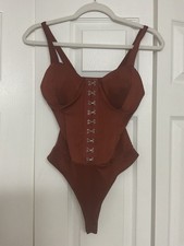 Haute Monie Rust One Piece Bodysuit S Hook  Eye Accent Stretch Solid