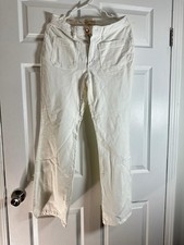 White Women's Straight Leg Pants, Button Accents, Pockets, Flat Front, Casual