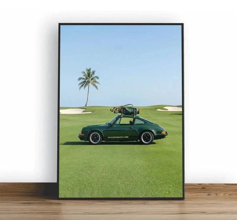 Classic Green Porsche 911 with Golf Clubs on a Scenic Tropical Fairway Poster