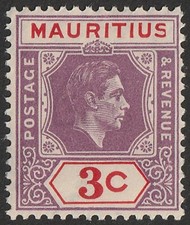 MAURITIUS 1938 KGVI 3c variety 'sliced S at right'. MNH **.