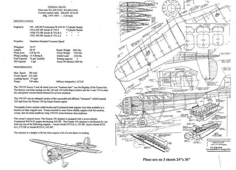 Cessna 195 F/F Cabin 36" Wingspan RC Model Airplane Printed Plans & Templates