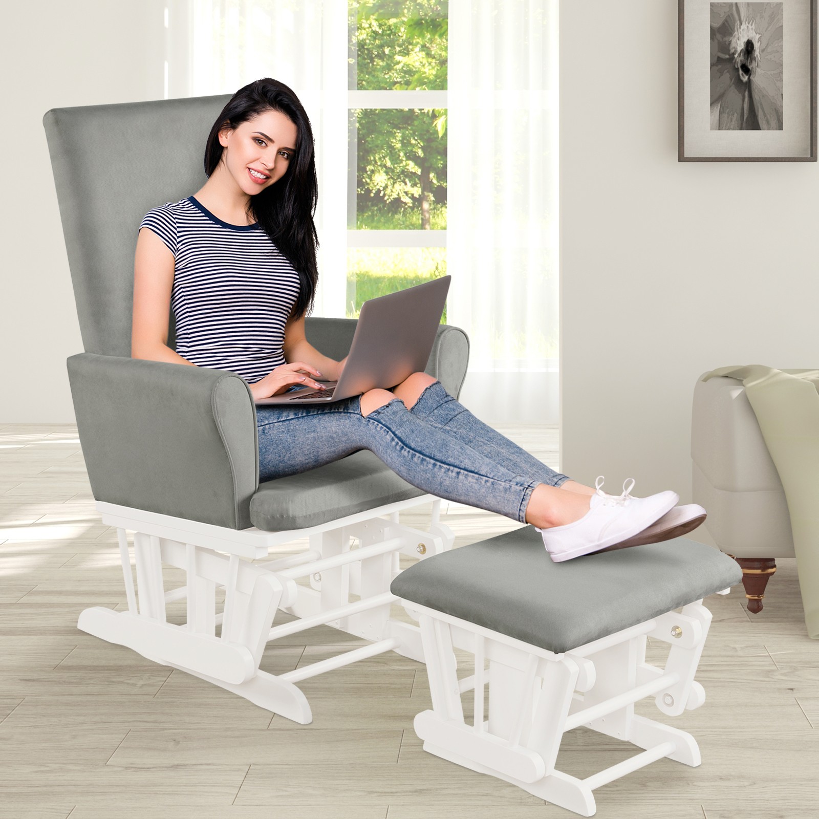 Costway Glider and Ottoman Cushion Set Wooden Baby Nursery Rocking Chair Grey