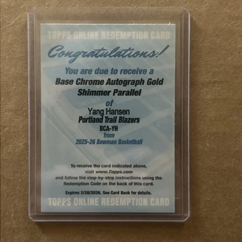 2025-26 Bowman Chrome Yang Hansen GOLD Rookie AUTO /50 🔥 RC Redemption