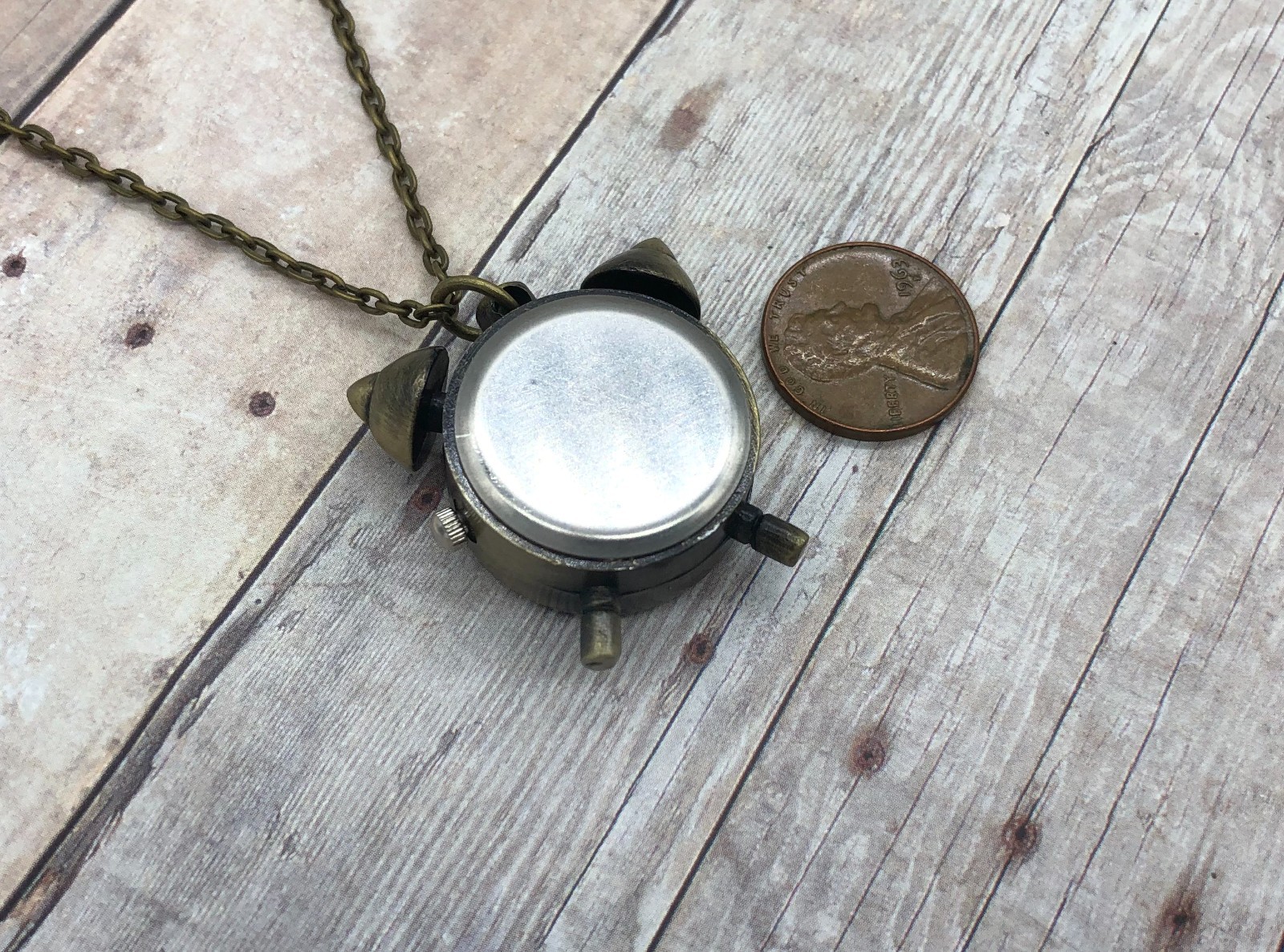 Vintage Bronze Alarm Clock Pocket Watch Necklace Quartz w/ 31 " Chain & Battery
