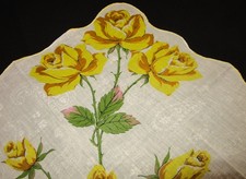 Vintage Hankie Yellow Rose Rosebud Floral Pink Accents White Center Scalloped