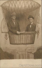 Hot Air Balloon Snapshot of Two Men Print Springs 1c stamp Original Vintage RPPC