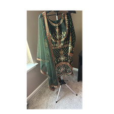Women's Net Salwar Kameez Green Gold Embroidered Dupatta Traditional Outfit
