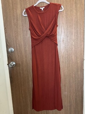 Joie NWT Rust Ribbed Twist Front Maxi Dress XS Sleeveless Side Slit Stretch