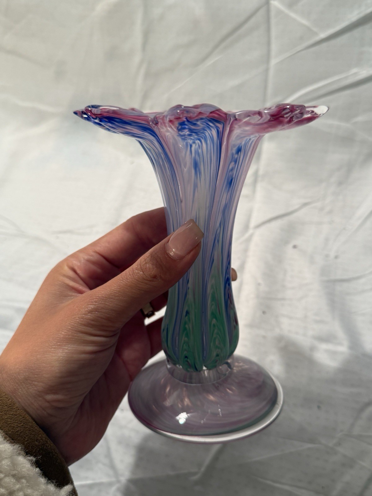 Two's Company Handblown Art Glass Vase Multi Color Pastel Swirl 6.5”
